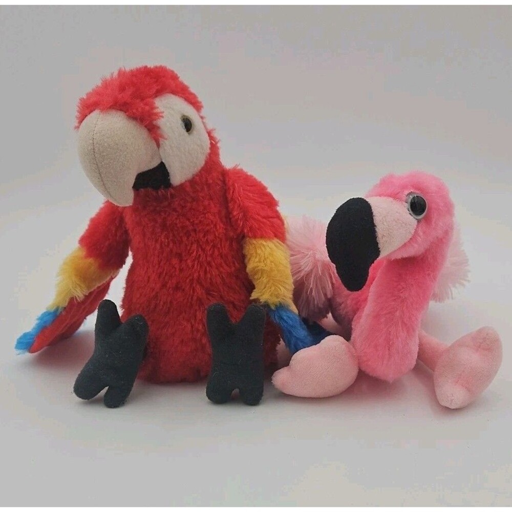 WILD REPUBLIC PLUSH RED PARROT AND PINK FAMINGO STUFFED ANIMAL LOT OF 2
